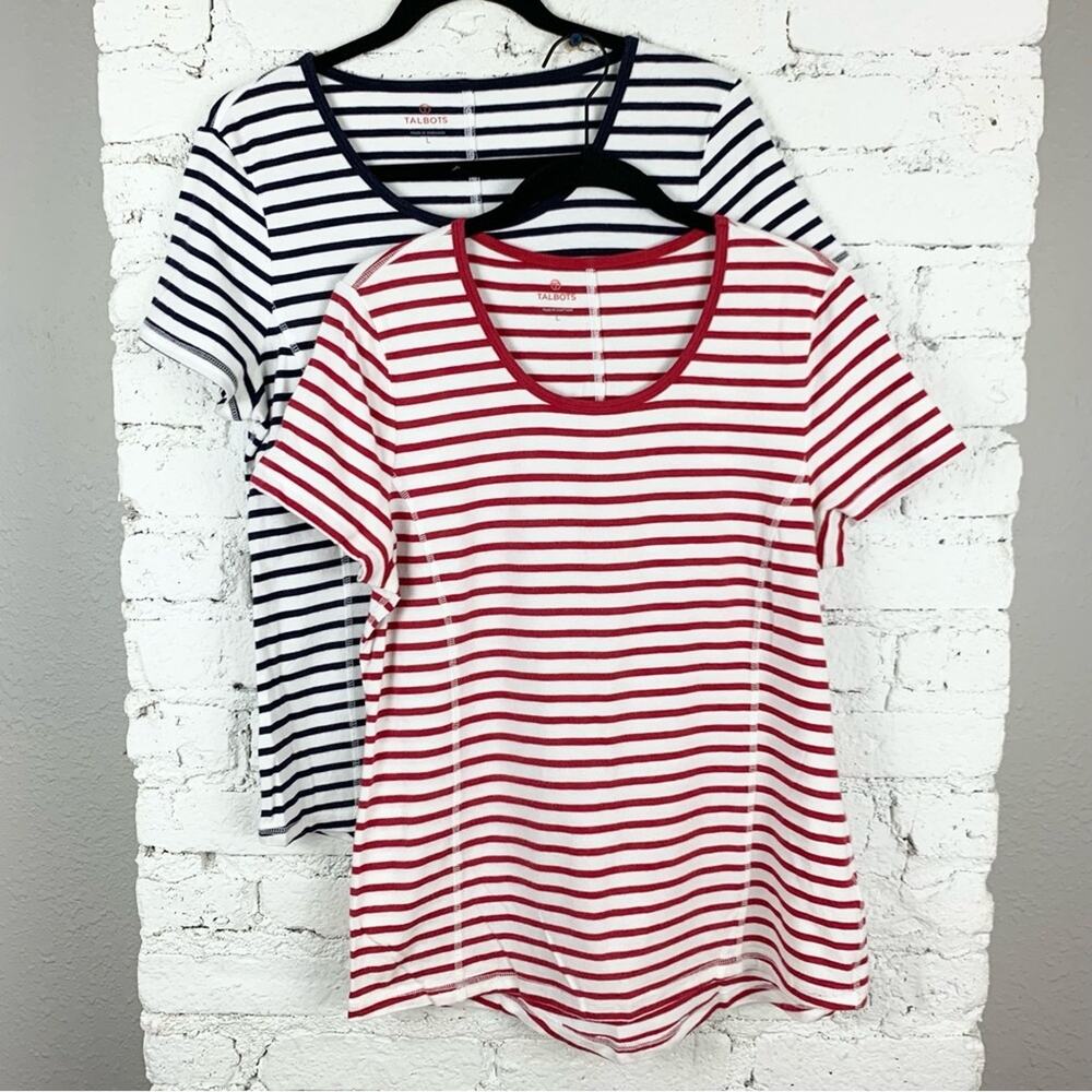 T Talbots Striped Athletic Short Sleeve Tee Large Red Navy White Set Two Large